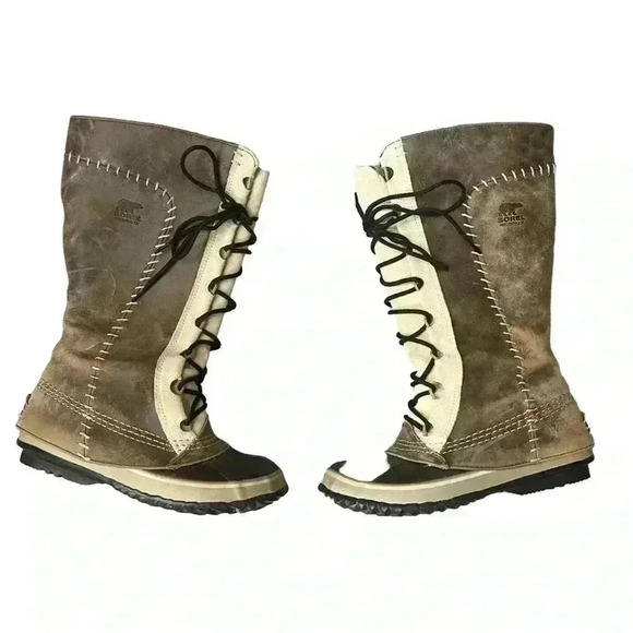 SOREL Cate The Great Leather Tall Winter Boots Fur Trim Lace Up RARE - Picture 2 of 14